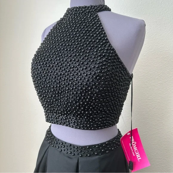 NWT Black Full Length Satin Beaded Two-Piece Formal Gown - Picture 3 of 16